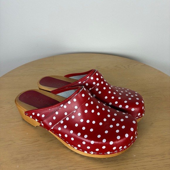 Bjork Swedish Comfort Shoes - Bjork Swedish Comfort Emma Red Polka Dot Leather Wooden Clogs Women's 39